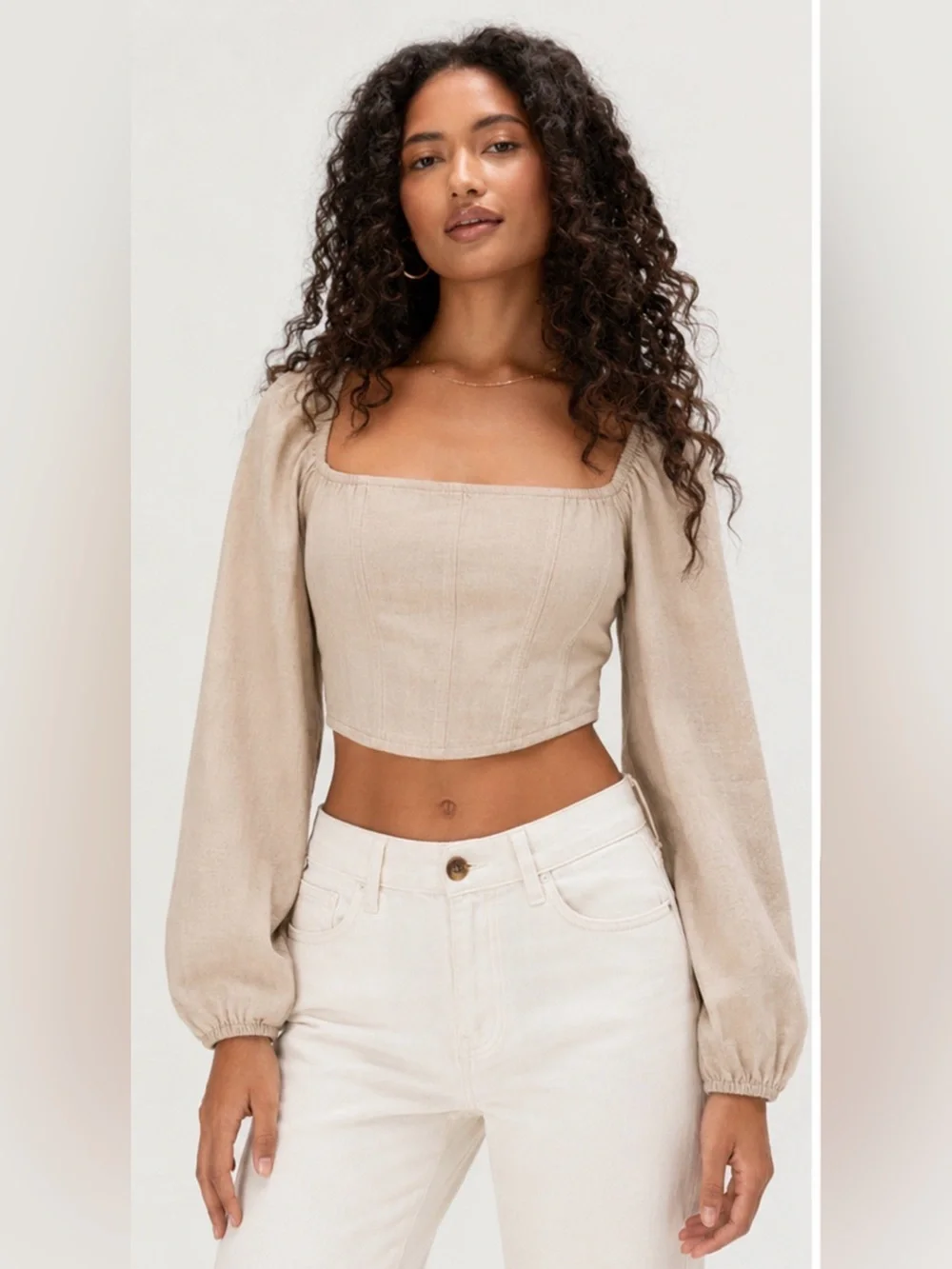 Kirious Los Angeles Linen Blend Puff Sleeve Crop Top | Beige | Size Large - Picture 1 of 5